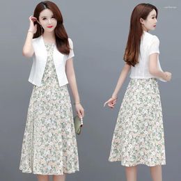 Casual Dresses Women Summer Scarf Floral Chiffon Dress Two Piece 2024 Fashion Top Set Female Korean Elegant Midi Skirt Suit