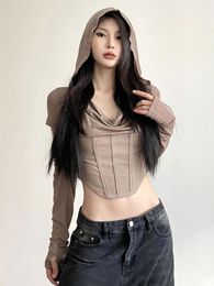 Women's T Shirts Dune Waste Style Retro Swing Collar Hooded Long-Sleeved T-shirt Female Niche Irregular Cinched Slim Looking Sexy Top