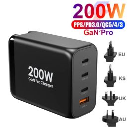 Chargers GaN 200W USB C Wall Charger 4port PD 100W 65W PPS45W QC Super Fast Charging Adapter for MacBook Laptop iPhone 14 13 Samsung S21