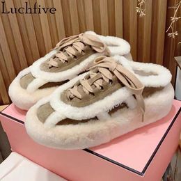 Casual Shoes Winter Round Toe Thick Sole Fur Sneakers Woman Lace Up Leisure Wool Flat Luxury Mujer