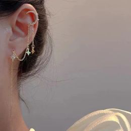 Earrings 1Pcs Fashion Gold Color Long Tassel Moon Star Clip Earrings for Women Sparkling Crystal Fake Cartilage Ear Clip Wedding Jewelry