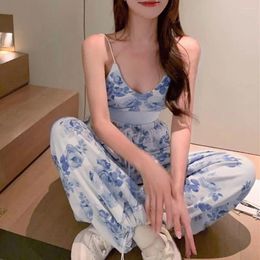 Women's Two Piece Pants Floral V-neck Spaghetti Strap Suit Stylish 2-piece With Camisole Wide-leg Trousers For Work Women