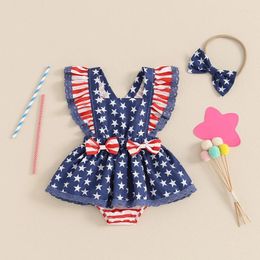 Clothing Sets Baby Girl 4th Of July Outfit Star Print Sleeve Square Neck Romper Dress Bow Headband Summer 2 Pieces Outfits For Toddler