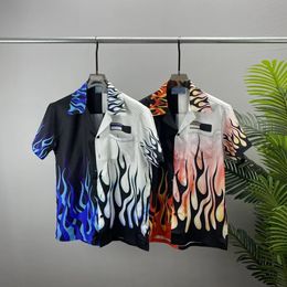 Summer Mens Casual CampCollar Short Sleeve Shirts Retro Flame Printing Pattern Hawaiian Beach Silk 240419