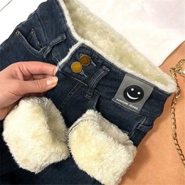 Women's Jeans Plush Fleece Warm Thicken Slim Women Winter 90s Vintage Denim Pants High Waist Snow Plus Velvet Fur Skinny Trousers