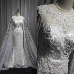 Vestidos de noiva luxuosos lantejoulas de sereia de sereia com capa pérola pescoço de pescoço personalizado vestido de noiva vestidos de novia
