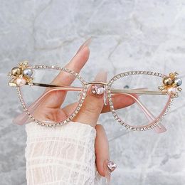 Sunglasses Vintage Sexy Ladies Cat Eye Anti Blue Light Optical Glasses Frames Women Designer Diamond Pearl Clear Eyeglasses