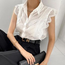 Women's Blouses Summer Button Ruffled Flying Sleeve White Blouse Women Korean Hollow Out Lace Shirts Woman Fashion Chic Slim Elegant Tops