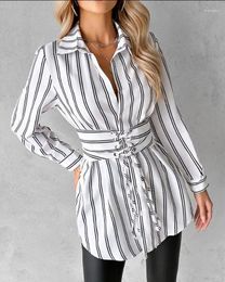 Casual Dresses Striped Print Mini Shirt Dress Women Spring Button Long Sleeve For 2024 White Bandage Office Ladies