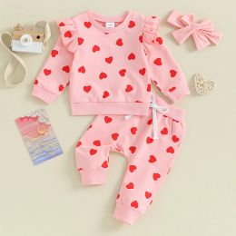 Sets 3PCS Toddler Girls Clothes For Valentine's Day Baby Sets Long Sleeve Heart Print Sweatshirt Drawstring Pants Headband Outfits