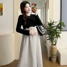 Supplies 2024 French Style Pregnant Women Elegant Dress Plus Size Long Sleeve ONeck High Waist Maternity ALine Dress Long Loose Clothes