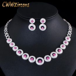 Necklaces CWWZircons Hot Pink Red CZ Round Choker Women Wedding Necklace and Earrings Jewelry Set Brides Party Costume Accessories T415