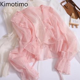 Women's Knits Kimotimo Sequins Ruffled Lace Up Chiffon Cardigan Women 2024 Summer Gentle Solid Long Sleeve Short Shawl Tops All Match Blouse