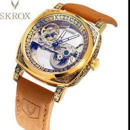 Wristwatches SKROX Fashion Skeleton Transparent Dial Automatic Mechanical Mens Watch Luxury Luminous Hands Waterproof Genuine Leather Strap 240423