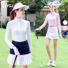Shirts TTYGJ Women Quick Dry Stripe Golf Shirt Ladies Long Sleeve Sunscreen Tshirt Women Stand Collar Golf Tops Autumn Sportswear