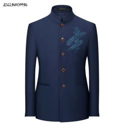 Jackets Mandarin Stand Collar Men Tunic Suit Jacket Chinese Dream Letters Embroidery Single Breasted Coat Male Outerwear Navy Blue