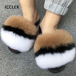 Summer Fur Slippers For Women NonSlip Real Slides Casual Fluffy Flats Sandals Ladies Shoes Home Woman 240416