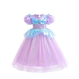 Girl's mermaid cosplay dresses kids pearls sequins puff sleeve lace tulle dress children's day party costumes performance clothes Z7858