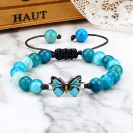 Strand Handmade Blue Butterfly Bracelets&Bangles For Women Men 8mm Natural Stone Malachite White Porcelain Couples Fashion Jewellery Gift