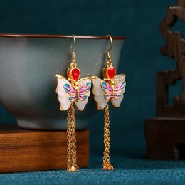 Dangle Earrings High-Grade Light Luxury Imitation Jade Butterfly Tassel Autumn And Winter Mid-Autumn Festival