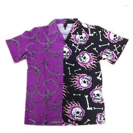 Men's Casual Shirts Purple Black Patchwork Vintage Shirt Y2K Summer Men Hawaiian Short Sleeve Mens Woman Skull Print Beach Oversized Tops