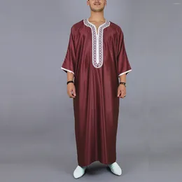 Ethnic Clothing Mens Casual Medium Robe Summer Short Sleeve Embroidered Dark Red Loose Breathable Muslim Islam Arab Dubai Middle East