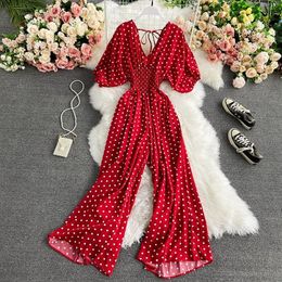 Women Wide Leg Trousers Jumpsuit V Neck Sexy Dolman Sleeves Waist Slim Polka Dot Print Jumpsuit 240417