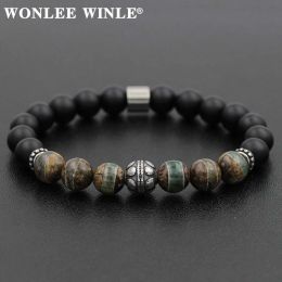 Strands 8mm Natural Stone Beaded Stretch Bracelets for Men&Women Stainless Steel Round Ball Charms Strand Bangles