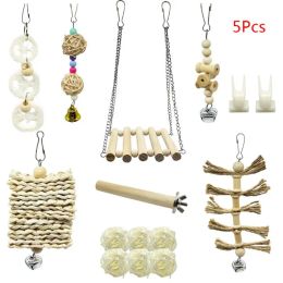 Toys 15Pcs/Set Pet Parrot Wooden Swing Chewing Toys Hanging Bell Stand Perch Toy for Parakeets Cockatiels Bird Training Supplies C42