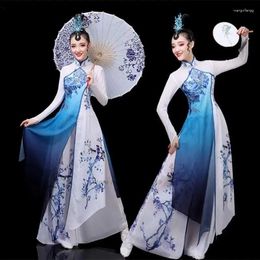 Stage Wear Traditional Chinese Vintage Hanfu Flower Print Qipao Dress Pants Set Ancient Folk Dance Costume Performance