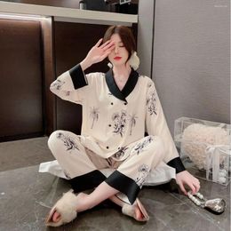 Women's Sleepwear Chinese Style Double Breasted Printed Satin Pijamas Suit Women Twinset Pajamas Set Nightwear Homewear