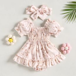 One-Pieces Newborn Baby Girls Summer Rompers Clothes Ruffles Puff Short Sleee Floral Print Elastic Waist Jumpsuits Skirts Headwear Outfits