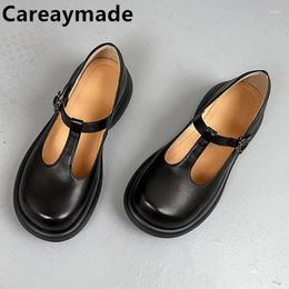 Dress Shoes Careaymade-Genuine Leather Women's Autumn Solid Color T-shaped Strap Buckle Cowhide Padded Feet Small Shoe