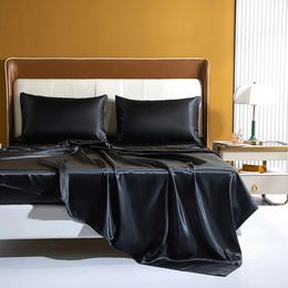 Black High-End Rayon Satin 4pcs Fitted Sheet Set Silky Solid Colour Bed Sheet Elastic Band Sheets Smooth Bedsheet Mattress Cover 240411