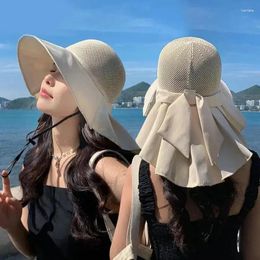 Wide Brim Hats Women Summer Bucket Hat With Shawl Lightweight Breathable Mesh Face Neck Protection Sun Bow Big Travel Beach Cap