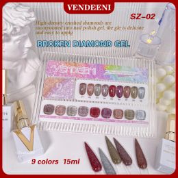 Kits Vendeeni 15ml Red Glitter Broken Diamond Gel Nail Polish 9 Colors/set Flash High Density Soak Off Colourful UV LED Gel Varnish