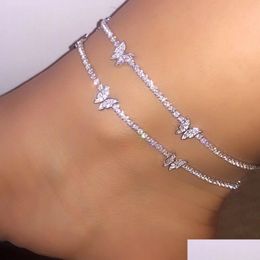 Anklets Trendy Shining Cute Butterfly Crystal Tennis Anklet For Women Gold Sier Colour Boho Sandals Rhinestone Foot Ankle Chain Jewellery Dhtpn