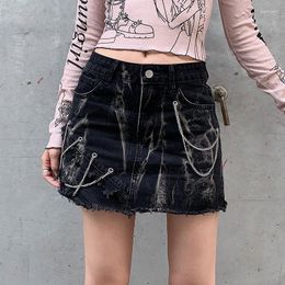 Skirts Sexy Punk Chain Tie-Dyed Skirt 2024 High Waist Slimming A- Line Frayed Hip-Wrapped Denim For Women
