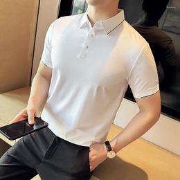 Men's Polos White Polo Shirts For Men Korean Luxury Clothing High Quality Elastic Casual Short Sleeve Slim Fit Tee Shirt Homme