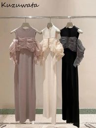 Work Dresses Kuzuwata Sleeve Voile Ruched Sets Shirt Slim Fit O Neck Knit Sleeveless Dress Japan Fashion Elegant Suits Robe