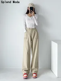 Women's Jeans Splend Moda Women Fashion Street Style Side Pockets Denim Wide Leg Pants Vintage Embroidery Chic Solid Cargo Trousers