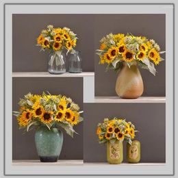 Decorative Flowers 9pcs/Bouquet Silk Sunflower Artificial Flower 46Cm Real Touch Fake Plant For Wedding Decoration Home Garen