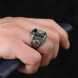 Wedding Rings Retro Handmade Turkish Signet Ring for Men Vintage Silver Colour Carving Pattern Inlay Green Zircon Party Punk Motor Biker Ring