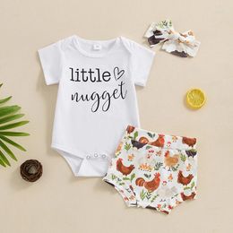 Clothing Sets Born Baby Girl Summer Farm Set Letter Print Short Sleeve Romper With Rooster Pattern Shorts And Bow Headband