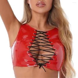 Bras Sets Women Sexy Bondage Lace Up PVC Leather Vest Erotic Porn Breast Exposed Wet Look Tanks Top Camisole Cropped Tops Sexi