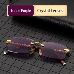 Purple Crystal Reading Glasses Women Acetate Rimless Glass Presbyopic Diopter Natural Stone Mineral Lens 1.0 4.0 Top Quality 240415