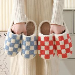 Slippers Winter Women's Checkered Men's Home Fluffy Shoes Indoor Plush Black White Lattice Flip-flops Wool Warm Bedroom Slides