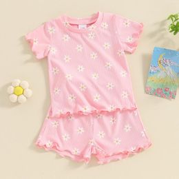 Clothing Sets Baby Girl Summer Outfits Short Sleeve Lettuce Trim Floral Tops Shorts Set Infant Clothes