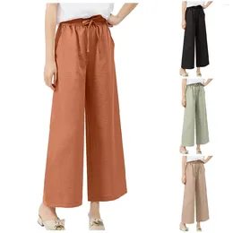 Women's Pants Summer Cotton Linen For Women Drawstring Ruched High Waist Basic Palazzo Trousers Beach Style Solid Color Straight