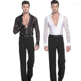 Stage Wear Men Latin Dance Lace Black And White Garment Waltz Ballroom Performance Man Shirts Top